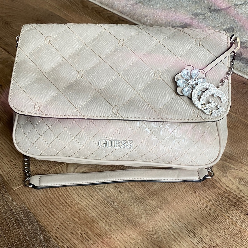 Guess Light Beige Crossbody Bag with Chain Strap